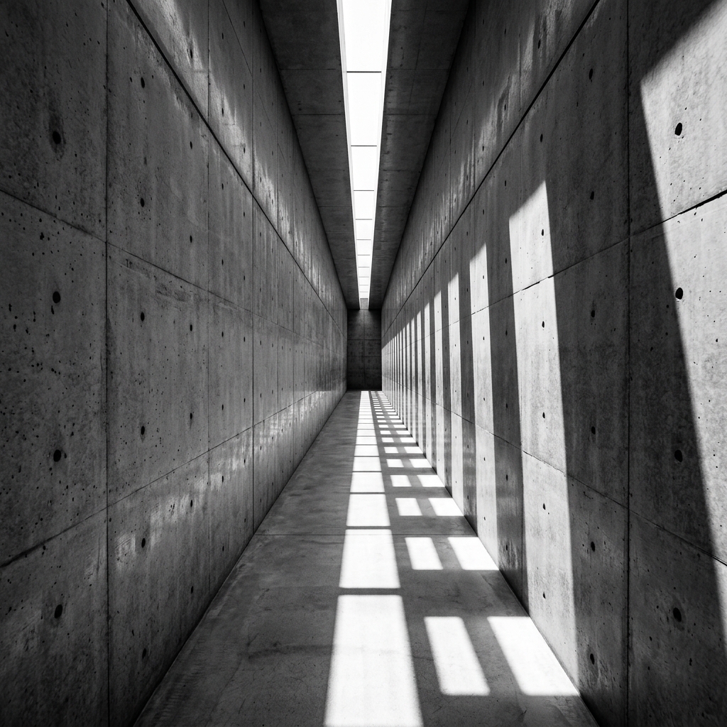 Concrete Pavilion corridor in bright vertical midday light