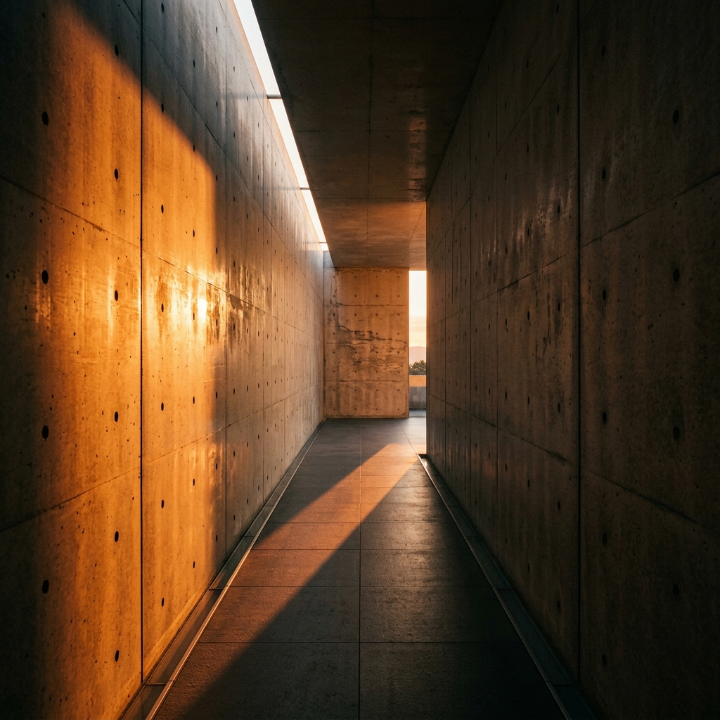 Concrete Pavilion corridor in warm, long golden sunset light