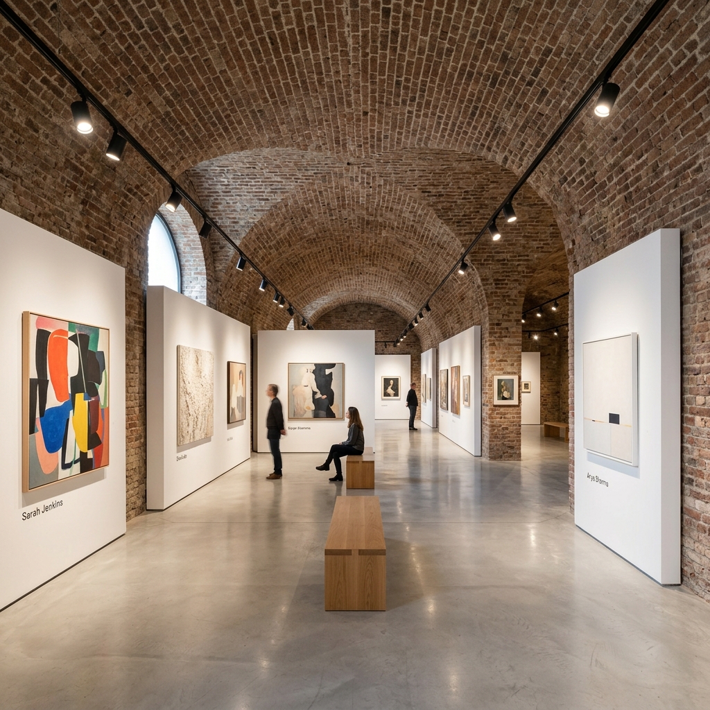 Finished contemporary art gallery interior with white drywall and brick walls