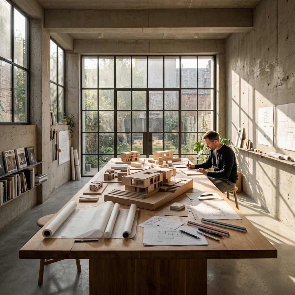 Empty architectural studio workspace bathed in morning sun shadows