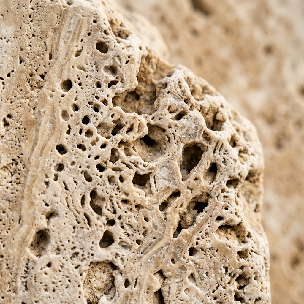 Tactile texture detail of porous natural limestone in warm sunlight