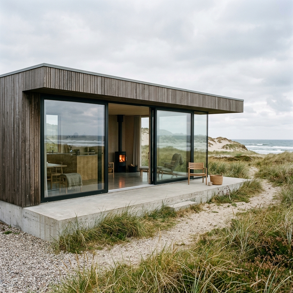 Finished photograph of Villa Sand modern timber pavilion in coastal grasses