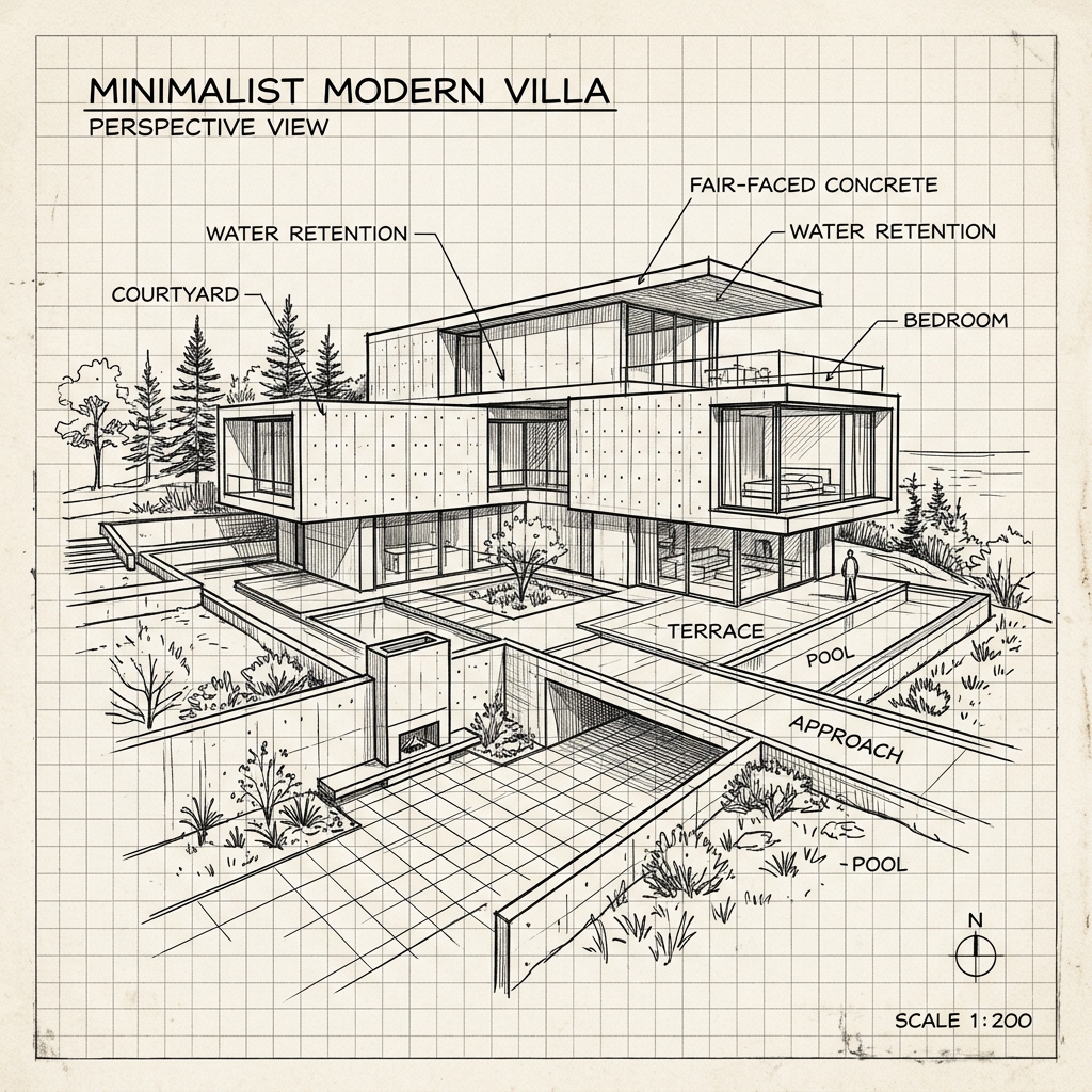 Architectural line drawing sketch elevation of Villa Sand